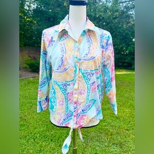 CHICO'S Top Floral Button Up Tie Front 3/4 Sleeve 100% Cotton No Iron SIZE 1